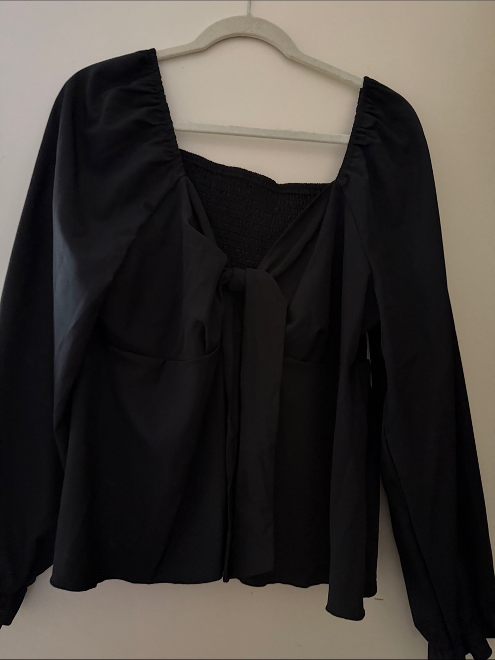 SHEIN Black Square-Neck Tie-Front Long Sleeve Blouse